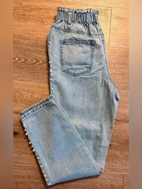 Forever 21 Pearl Studded Paperbag Waist Jeans